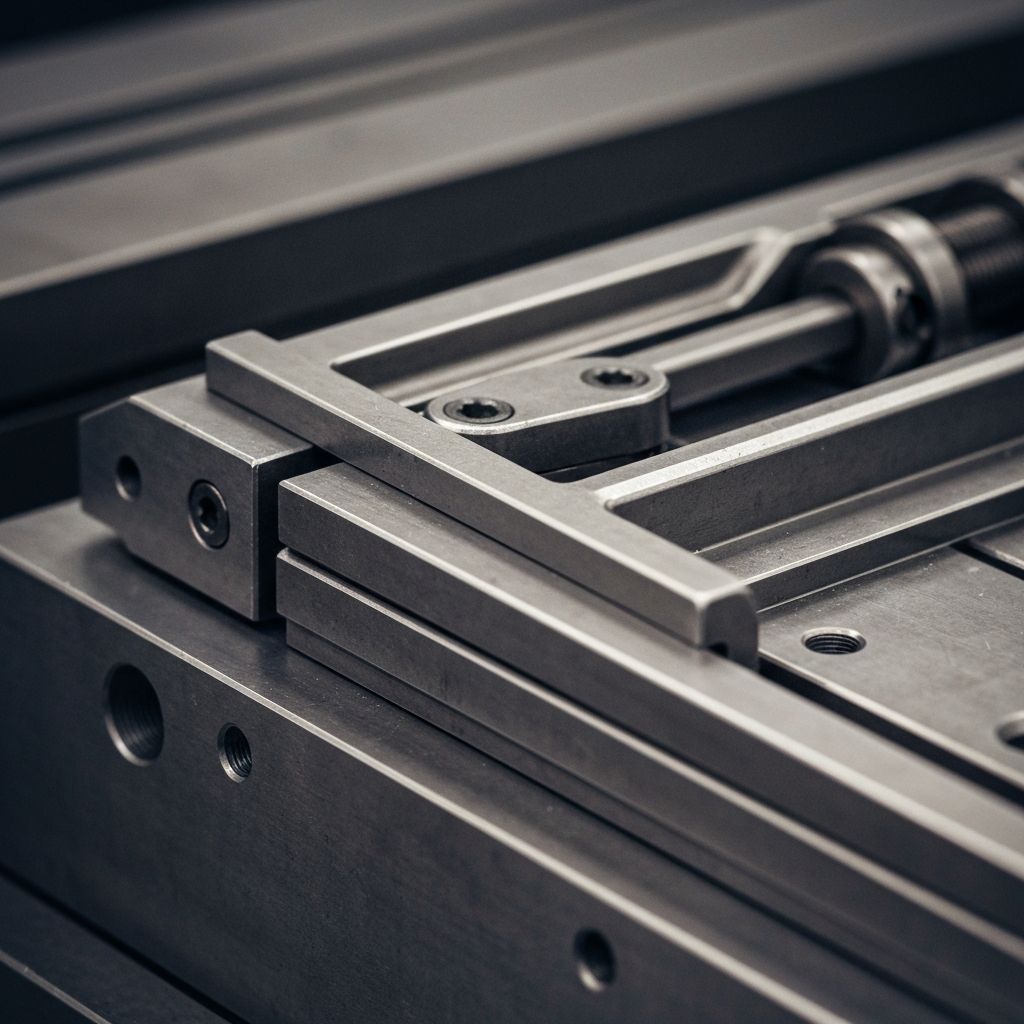 Precision engineered lifter ejector component for injection molds showing angled design and guide mechanism