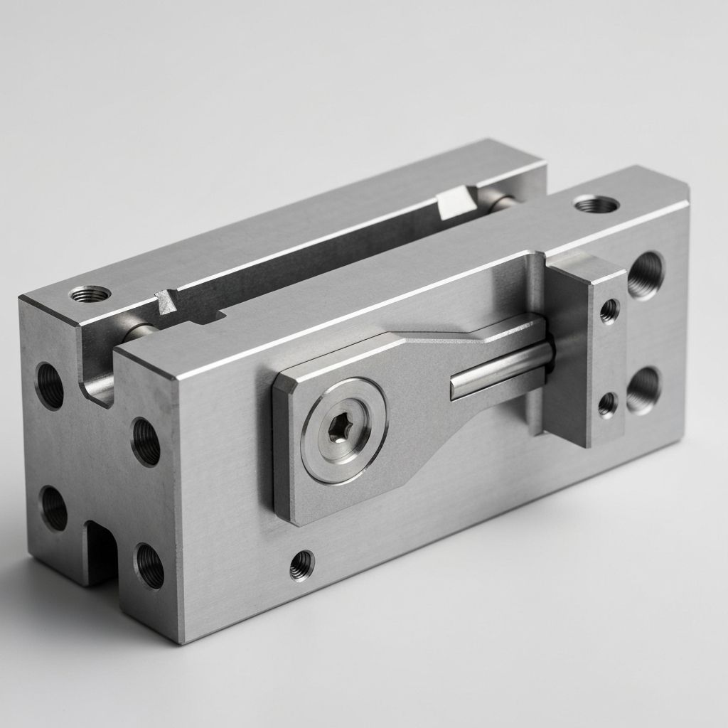 Injection mold slider assembly showing angled pin, guide rail, wedge lock, and wear plate components
